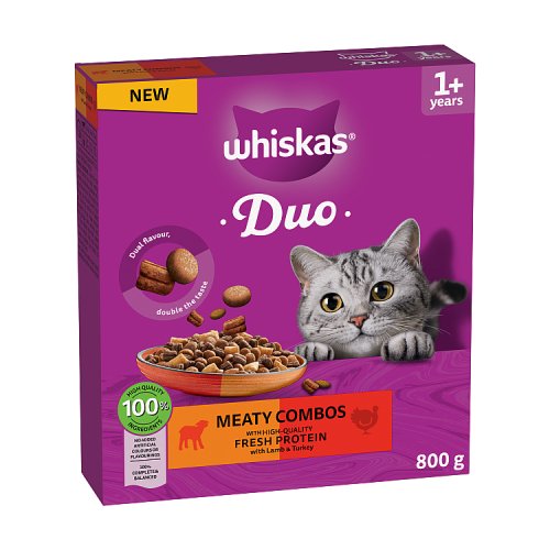 Whiskas 1+ Cat Complete Dry Duo Meaty Combos 800g pack shot
