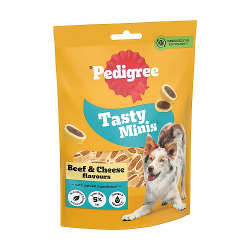 Pedigree Tasty Minis Dog Treats Cheesy Nibbles With Cheese And Beef 140g pack shot