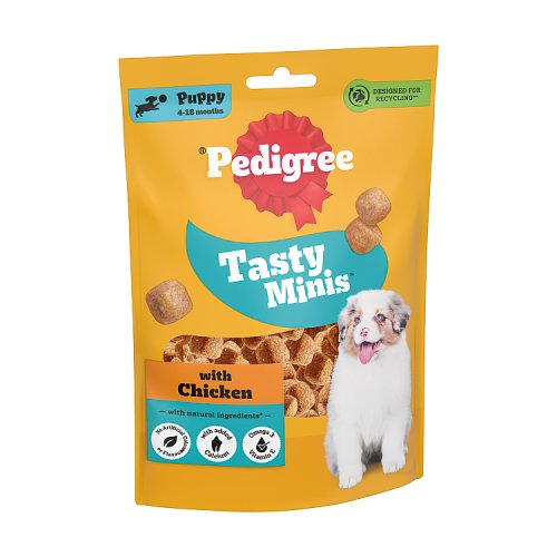 Pedigre Tasty Minis Puppy Treats Chewy Cubes Chicken 125g pack shot