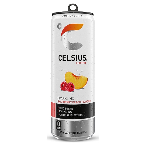 Celsius Raspberry & Peach 355ml pack shot