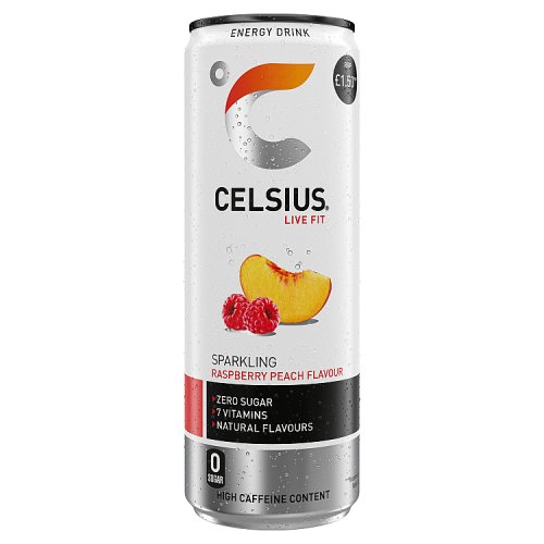 Celsius Raspberry & Peach PM £1.50 355ml pack shot