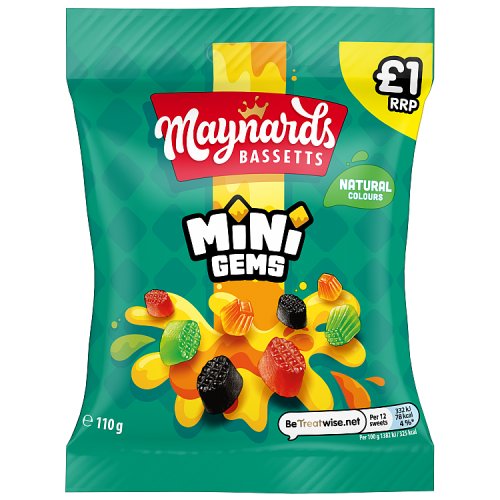 Maynards Bassetts Mini Gems PM £1 110g pack shot