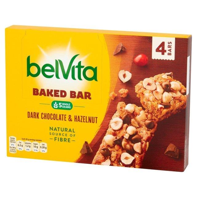 Belvita Baked Bar Dark Chocolate Bar & Hazelnut (4 x 40g) 160g pack shot