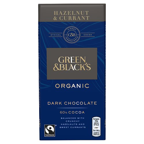 Green & Blacks Organic Hazelnut & Currant Dark Chocolate Bar 90g pack shot