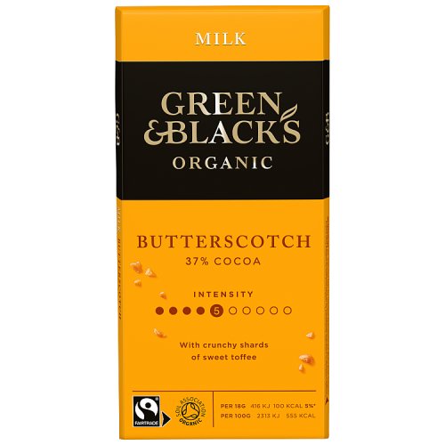 Green & Blacks Organic Butterscotch Milk Chocolate Bar 90g pack shot