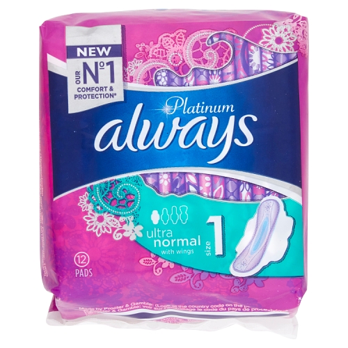 Always Platinum Normal Wings Size 1 Sanitary Towels 12s pack shot