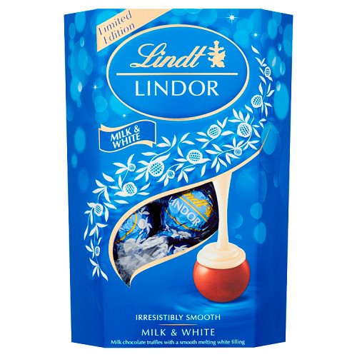 Lindt Lindor Truffles Milk & White Chocolate Corne 200g pack shot
