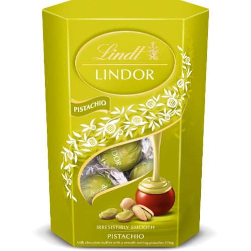 Lindt Lindor Pistachio Milk Chocolate Truffles Box 137g pack shot