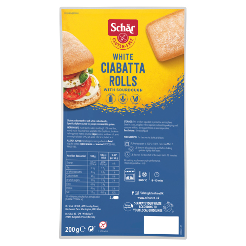 Schar White Ciabatta Rolls Gluten Free 200g pack shot