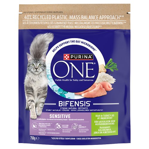 Purina ONE Sensitive Turkey Dry Cat Food 750g pack shot