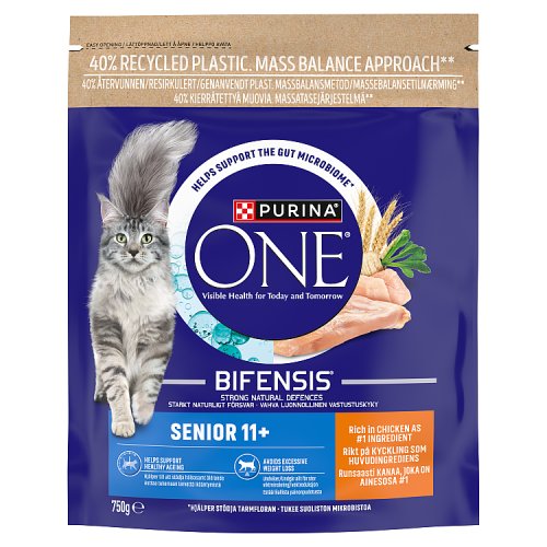 Purina ONE Senior 11+ Chicken Dry Cat Food 750g pack shot