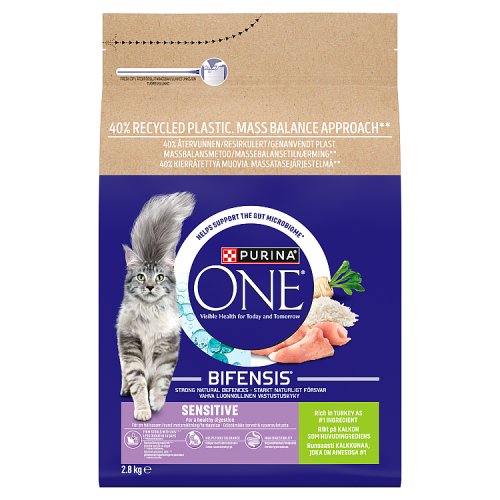 Purina ONE Sensitive Turkey Dry Cat Food 2.8kg pack shot