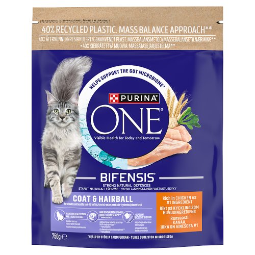 Purina ONE Coat Hairball Chicken Dry Cat Food 750g pack shot