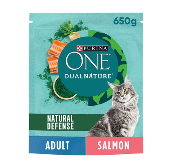 Purina ONE Dual Nature Natural Defense Salmon Dry Cat Food 650g pack shot