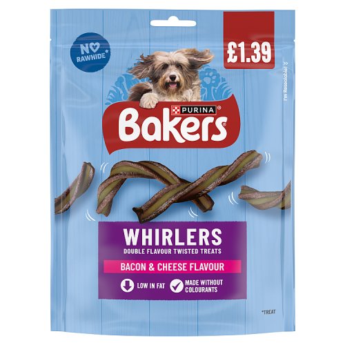 Bakers Dog Treats Whirlers Bacon & Cheese PM £1.39 130g pack shot