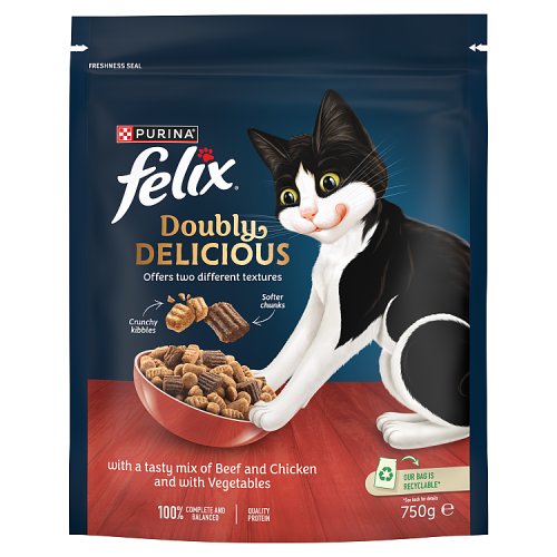 Felix Doubly Delicious Beef Chicken Vegetables Dry Cat Food 750g pack shot