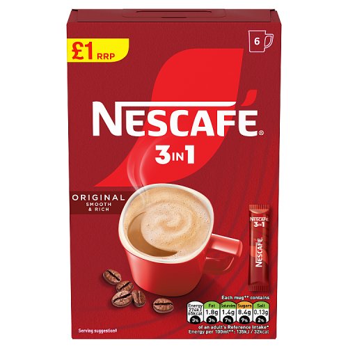 Nescafe 3 in 1 Original Coffee Sachets PM £1 6s (6 x 16g) 96g pack shot