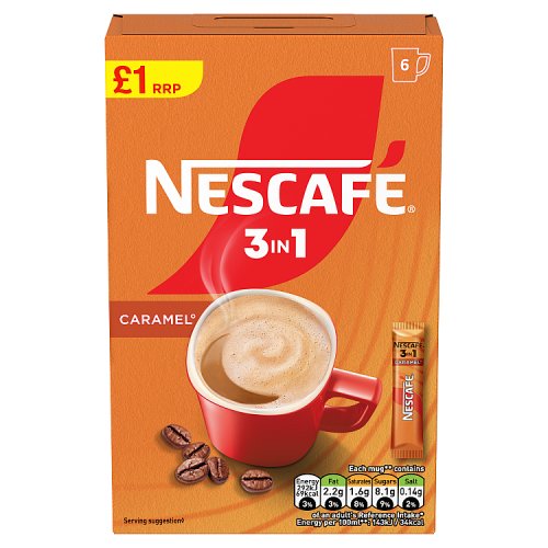 Nescafe 3in1 Caramel Coffee Sachets PM £1 6s (6 x 16g) 96g pack shot