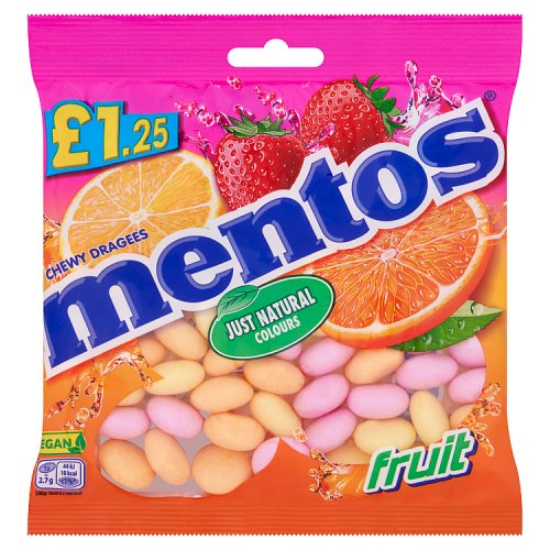 Mentos Bag Fruit PM £1.25 135g (Vegan) pack shot